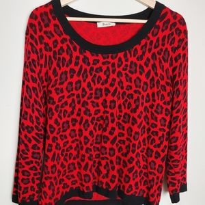 Red Leopard Scoop Neck Sweater Knit 3/4 sleeve Large cheetah